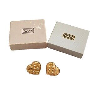 1980s Vintage Avon Earrings, New Old Stock, Quilted Hearts with Rhinestones